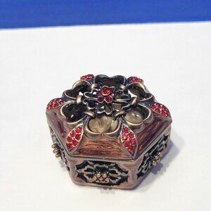 Vintage Hexagon Brown Enamel Trinket Box with Rhinestone Flower